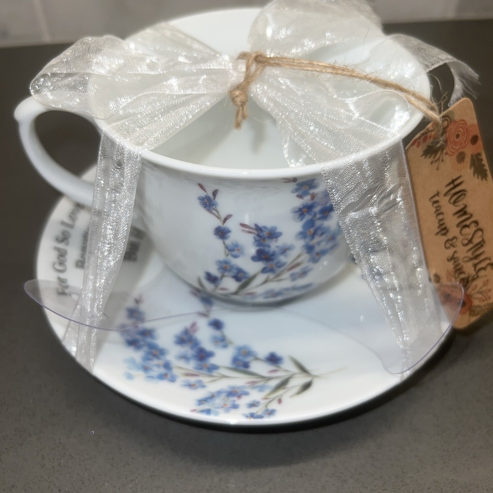 NEW KENT Pottery Lord Scripture John 3:16 Rose Coffee Tea Cup & Saucer Floral